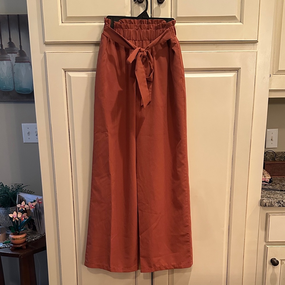 Rust Wide-Leg Pants with Tie Waist